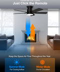 Super Slick 42 Inch Flush Mount Ceiling Fan With Remote And Dimmable 3Cct Led Light showing airflow modes for summer and winter in a living room.