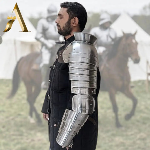 Medieval Single Pauldron Spartacus Cosplay Armor Arm Sleeve for LARP Gladiator Knight Costume worn by a man outdoors