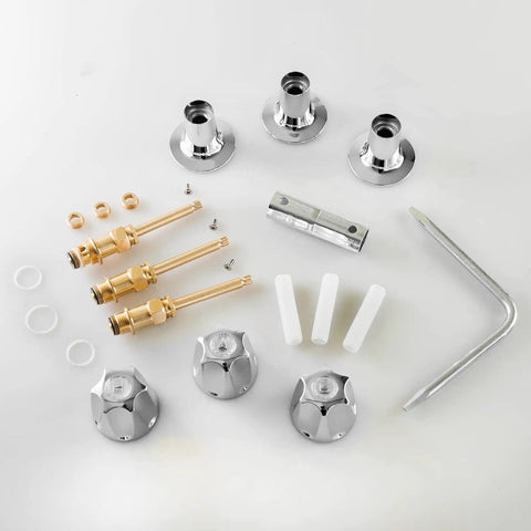 Three Handle Tub And Shower Trim Kit For Price Pfister Faucets with fittings, chrome handles, and brass components.