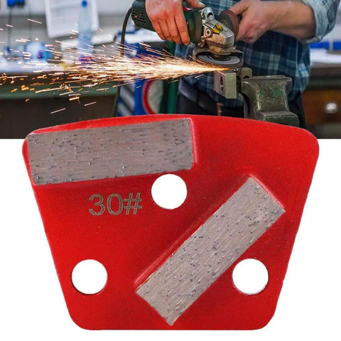 Set Of 3 Trapezoid Concrete Grinding Discs With 30 Grit for floor grinders, shown with angle grinder in use