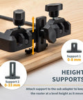 Pro Grade Router Guide Rail Adapter For Plunge Routers showing adjustable height supports for precise routing on wood.