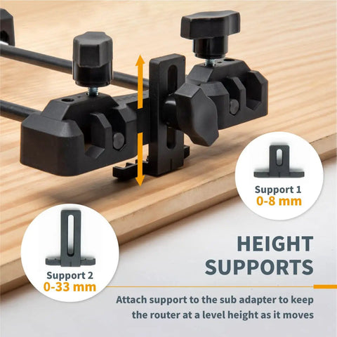 Pro Grade Router Guide Rail Adapter For Plunge Routers showing adjustable height supports for precise routing on wood.