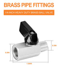 Compact Brass Ball Valve Shut Off Switch 1/4 Inch NPT, nickel plated with 90-degree handle, dimensions labeled