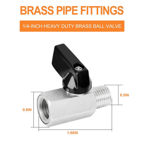 Compact Brass Ball Valve Shut Off Switch 1/4 Inch NPT, nickel plated with 90-degree handle, dimensions labeled