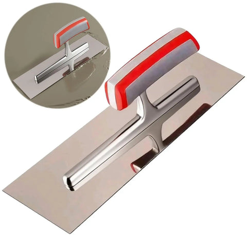 11.8x3.8 Inch Concrete Finishing Trowel With Premium Stainless Steel Blade For Smooth Masonry And Drywall Finishes Durable Pro Grade Masonry Tool For Pros And DIYers Construction Projects And All Finishing Needs, shown with red and gray handle.
