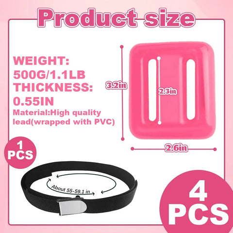 Product size details for Four Piece Scuba Weight Belt Set With Nylon Coated Diving Weights 1.1lb Each Metal Block Buckle Free Diving Spearfishing Ready Balanced Dive Gear For Beginners And Pros, showing weight dimensions and belt.