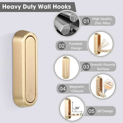 Gold Folding Wall Hooks Set Two Heavy Duty Zinc Alloy Hangers Built Tough To Clear Any Clutter Smoothly Folds Flat When Idle Zero Fuss Setup Simple Space Saver For Holding Coats Towels Robes Bags Keys Daily