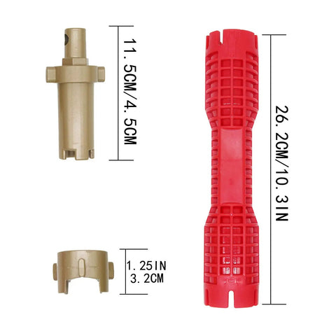 Do It All Faucet And Sink Installer Tool 8 In One Basin Wrench with measurements, red aluminum alloy handle, two beige attachments