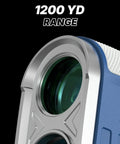 Close-up of Dope Precision Golf Range Finder lens with blue casing, showing 1200 yard range capability.
