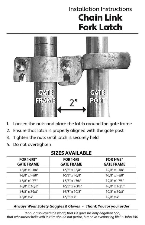 Durable Galvanized Chain Link Gate Latch 1-5/8 By 2-3/8 Inch installation instructions with gate frame and post alignment guide