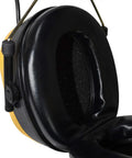 Close-up of Rechargeable Bluetooth Ear Protection With 25 DB NRR Adjustable Headband Built In Microphone For Hands Free Calls Streaming Audio Black And Yellow Pro