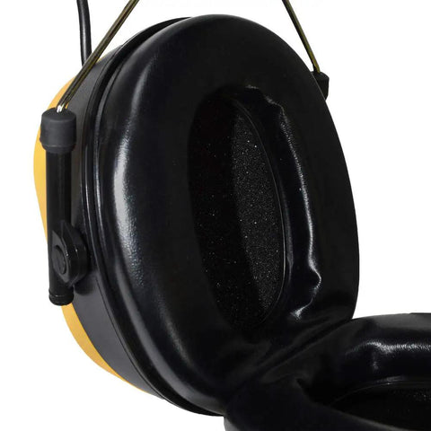 Close-up of Rechargeable Bluetooth Ear Protection With 25 DB NRR Adjustable Headband Built In Microphone For Hands Free Calls Streaming Audio Black And Yellow Pro