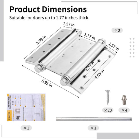 Product dimensions of Two Pack Dual Action 6 Inch Stainless Steel Door Hinges Self Closing with screws and pins included.