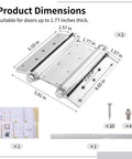 Product dimensions of 2 Pack Dual Action Self Closing Door Hinges 6 Inch Stainless Steel, includes screws and installation kit.