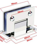Premium Rock Solid Shower Glass Door Hinges For Eight To Twelve Millimeter Tempered Panels SUS304 Stainless Steel 90mm hardware close-up with measurements.