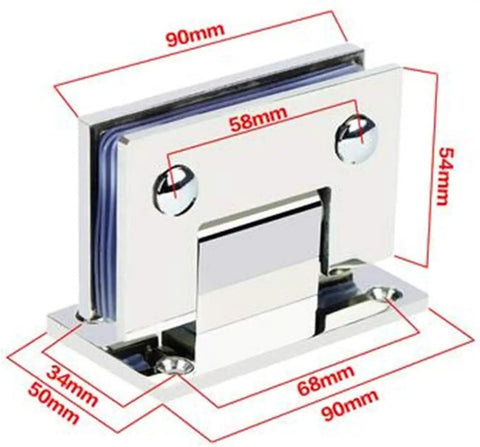 Premium Rock Solid Shower Glass Door Hinges For Eight To Twelve Millimeter Tempered Panels SUS304 Stainless Steel 90mm hardware close-up with measurements.