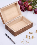 Open wooden box with Hidden Brass Barrel Hinges Set With 8mm Pins, 10mm Drill Bit Included; visible hinges and screws on white surface.