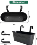 16 Inch Railing Planter Set Of 3 For Outdoor Plants With Detachable Hooks And Drain Holes Large Metal Balcony Pots For Home Garden Fence On Balconies Black, showing top and side view with measurements