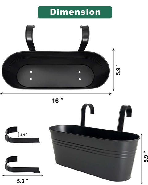 16 Inch Railing Planter Set Of 3 For Outdoor Plants With Detachable Hooks And Drain Holes Large Metal Balcony Pots For Home Garden Fence On Balconies Black, showing top and side view with measurements