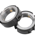 Premium M10 Through M25 Round Lock Nuts With Fine Threads Fit For Ballscrew 1605 2005 2505 3205 Milling Router Use, black and stainless steel, close-up view.