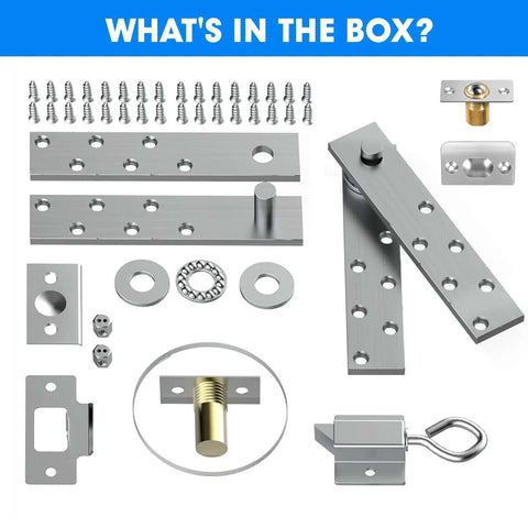 Pivot Door Hinges Heavy Duty Stealthy Hidden Hinge Kit components laid out, showing stainless steel parts and screws for secret doors.