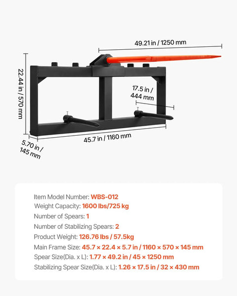 49 Inch Hay Spear Bale Fork With 1600 Lbs Load Capacity For Skid Steer Loader And Tractor Attachments, Quick Attach Spike Forks With 2 Stabilizer Spears For Easy Bale Handling, Heavy Duty Gear, showing product dimensions and specifications.