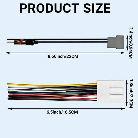 Radio Wiring Harness Kit With Antenna Adapter And Steering Wheel Control Wire For Aftermarket Stereo Install Compatible With 2008 2013 Infiniti And Subaru Easy Plug And Play With Durable Color Coded Connectors And High Quality PVC Insulated Cables shown with measurements