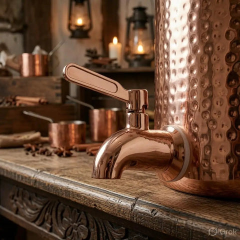 Close-up of the Pure Copper Water Dispenser Pot Hand Hammered 4 Liter for home kitchen with textured artisan finish and spout