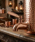 Copper Hammered Water Dispenser Tank With Tap, 6.5 Liter Capacity, Pure Copper Interior visible on a rustic wooden background.