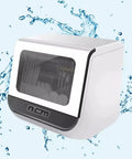 Smooth Operator Countertop Dishwasher With Three Reliable Wash Cycles heated dry setting, compact design, and water splashes around.