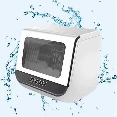Smooth Operator Countertop Dishwasher With Three Reliable Wash Cycles heated dry setting, compact design, and water splashes around.