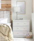 Bedroom dresser with Gold Brushed Brass Square Cabinet Pulls 2-1/2 Inch Center-to-Center, 4 Inch Overall Length, 10 Pack.