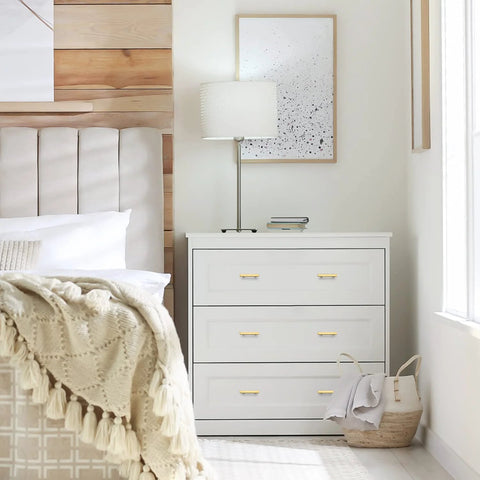 Bedroom dresser with Gold Brushed Brass Square Cabinet Pulls 2-1/2 Inch Center-to-Center, 4 Inch Overall Length, 10 Pack.