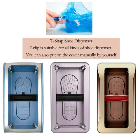No Sweat Shoe Cover Dispenser Machine With 200 Disposable Boot And Shoe Covers for various shoe sizes, shown in three colors