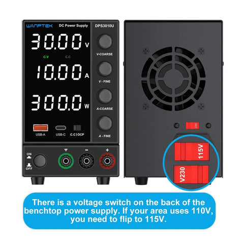 DC Variable Power Supply With Auto Voltage Detect 110V 220V Upgrade, front and back view showing voltage switch, knobs.