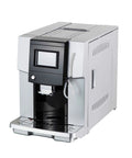 Knockout Commercial Coffee Maker With Built In Bean Grinder And Eight Precision Settings, sleek silver design, front view.