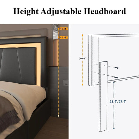Height adjustable faux leather headboard for the Slick Upholstered Queen Bed Frame With Four Heavy Duty Storage Drawers.