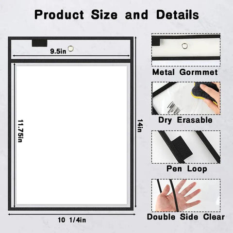 32 Pack Reusable Dry Erase Pocket Sleeves Clear PVC Sheet Protectors For Classrooms And Offices With Tear Resistant Waterproof Edges Metal Grommets Must Have For Teachers Students And Team Workspaces showing product size and features including metal grommet and dry erasable surface.