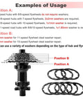 Diagram of 8 Piece Aluminum Alloy Bike Flywheel Hub Washer Spacer Set With Seven Sizes showing usage positions and sizes.