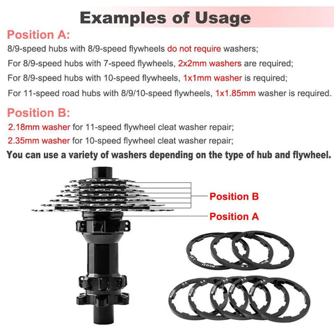Diagram of 8 Piece Aluminum Alloy Bike Flywheel Hub Washer Spacer Set With Seven Sizes showing usage positions and sizes.