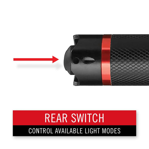 Close-up of rear switch on G26 415 Lumen Bulls Eye Spot Beam LED Flashlight With Batteries Included Beefy Brightness With Centered Hot Spot