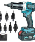 Heavy Duty Cordless Rivet Nut Tool With 26V Battery And Fast Charger For M3 To M12 Inserts Including Mandrel Set in carry case.