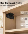 Ultra-compact profile, black corner bracket supports wooden shelves with text on compact design and flush mount features.