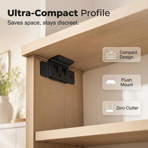 Ultra-compact profile, black corner bracket supports wooden shelves with text on compact design and flush mount features.