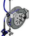 Hardworking Open Hose Reel Assembly With Fifty Foot Quick Retracting Tubing Built Tough For Busy Restaurant Kitchens mounted with blue tubing.