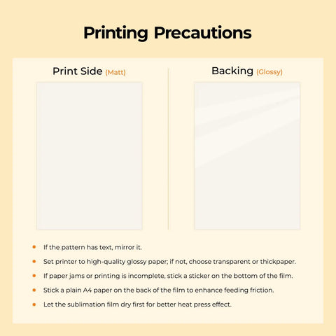 Printing precautions for Dope 10 Pack Sublimation Film Sheets for Phone Cases showing print side and backing details.