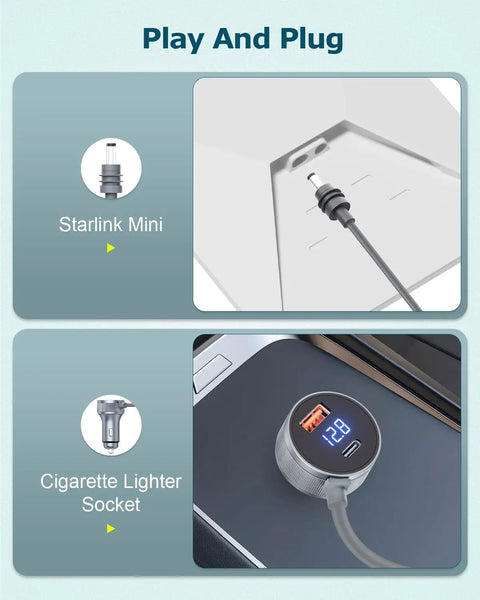 Premium 3 In 1 Car Power Hub delivering sweet 63W DC Juice with Starlink Mini and cigarette lighter socket for car use.
