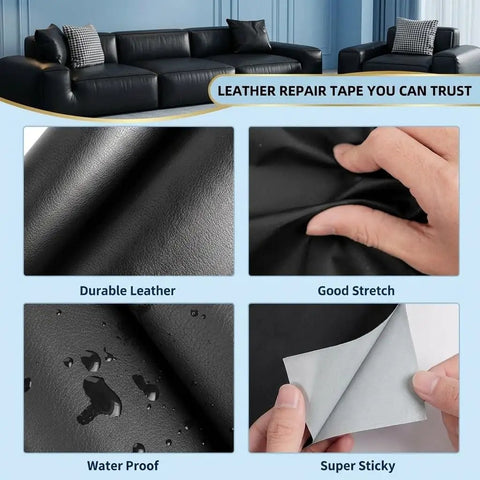 Heavy Duty Black Leather Repair Tape For Couch And Sofa Restoration Delivers No Sweat Diy Fixes With Rock Solid Adhesion and durable waterproof texture.