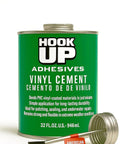 Green can of Hook Up Adhesives Vinyl Cement 32 oz, suitable for pools, boats, PVC, and more, with brush cap visible.