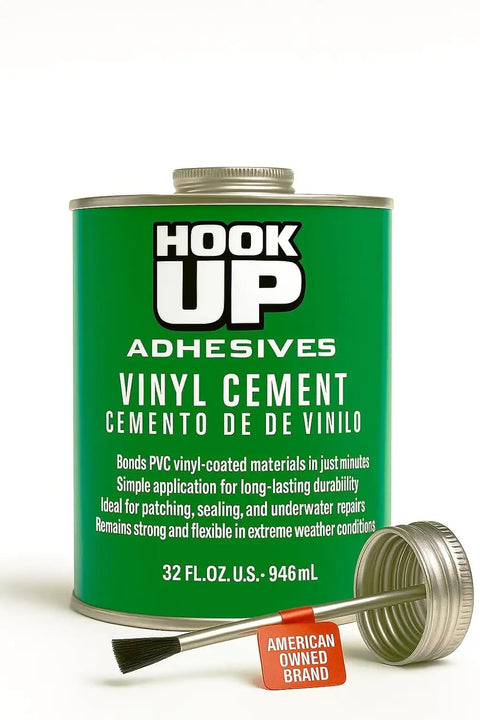 Green can of Hook Up Adhesives Vinyl Cement 32 oz, suitable for pools, boats, PVC, and more, with brush cap visible.